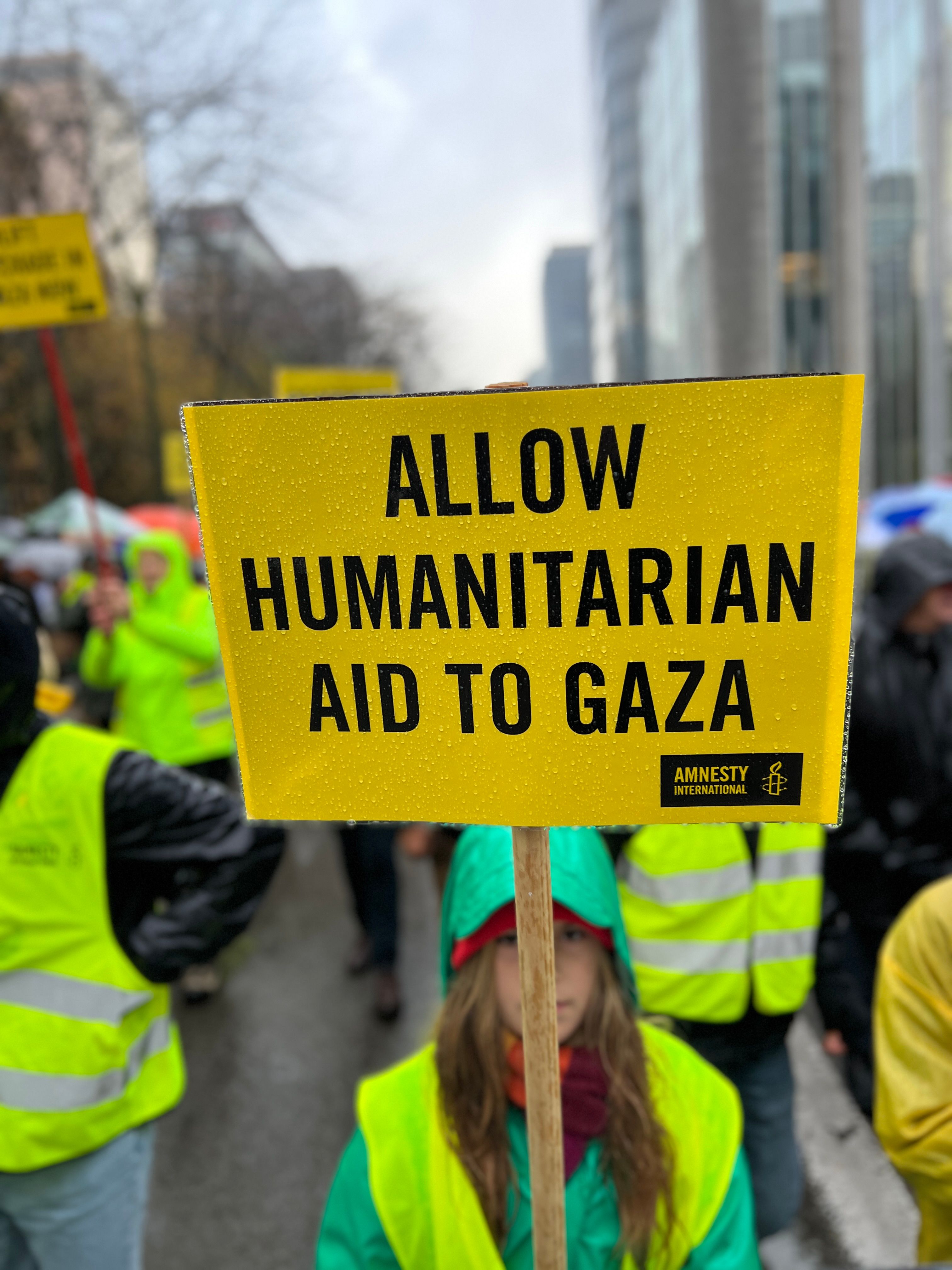 An amnesty supporter holds a sign calling for humanitarian aid in Gaza