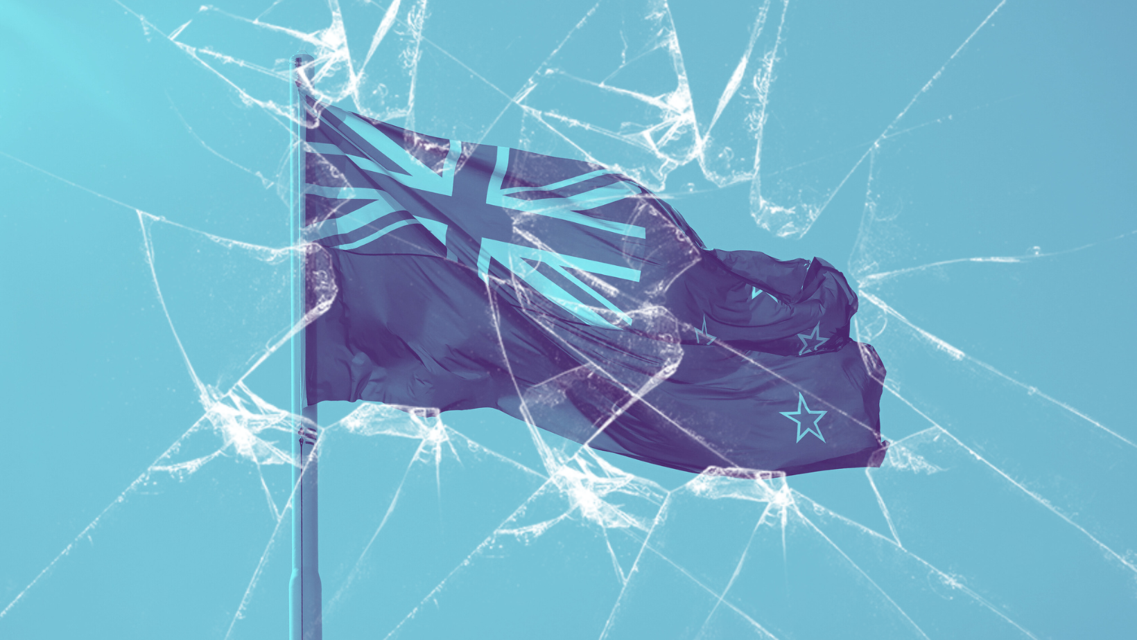 A graphic of the New Zealand flag surrounded by cracks