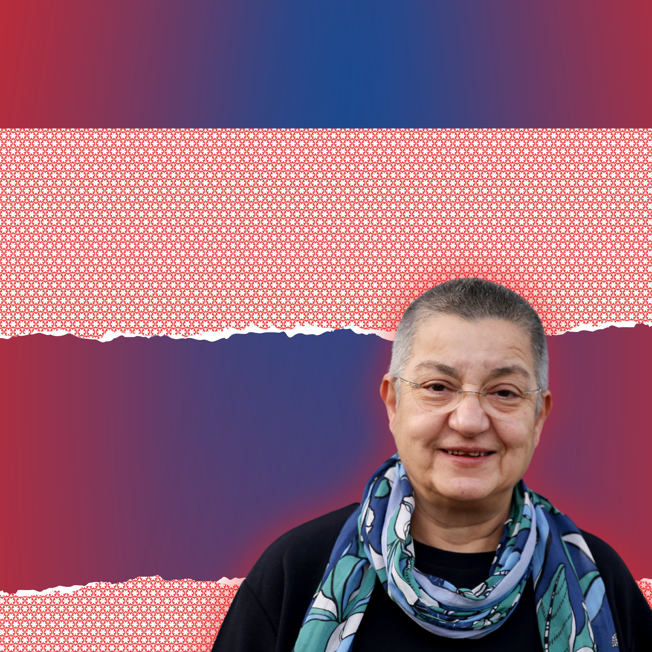 Şebnem Korur Fincancı stands against a blue and red background