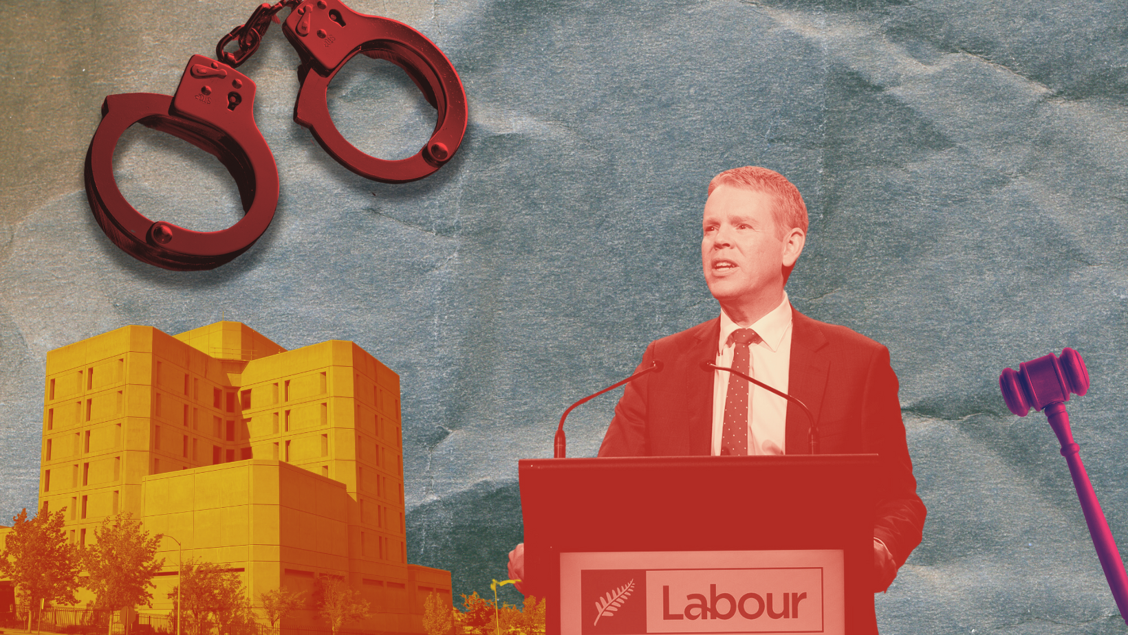 A graphic of Chris Hipkins talking with a prison building, handcuffs and a gavel around him.