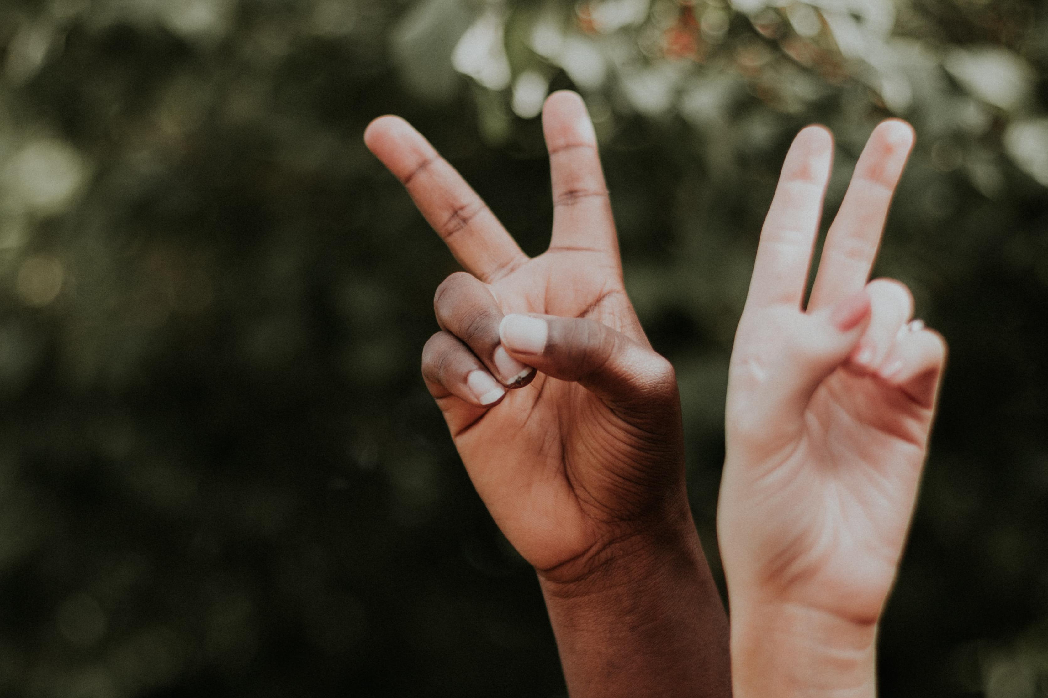 two hands making peace sign in the air