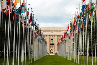 world flags hang on flag poles outside the UN building