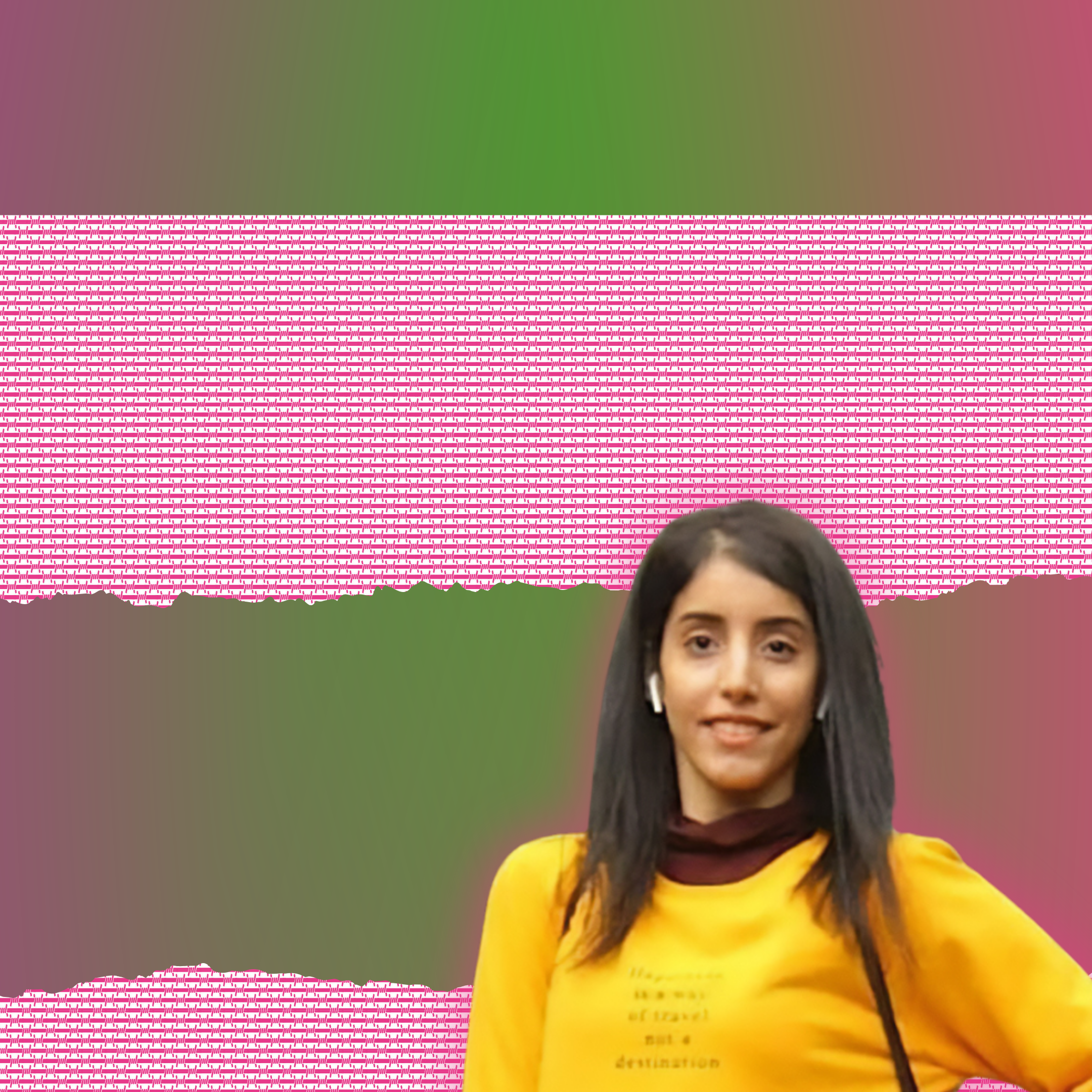 Manahel al-Otaibi stands in front of a green and pink backdrop