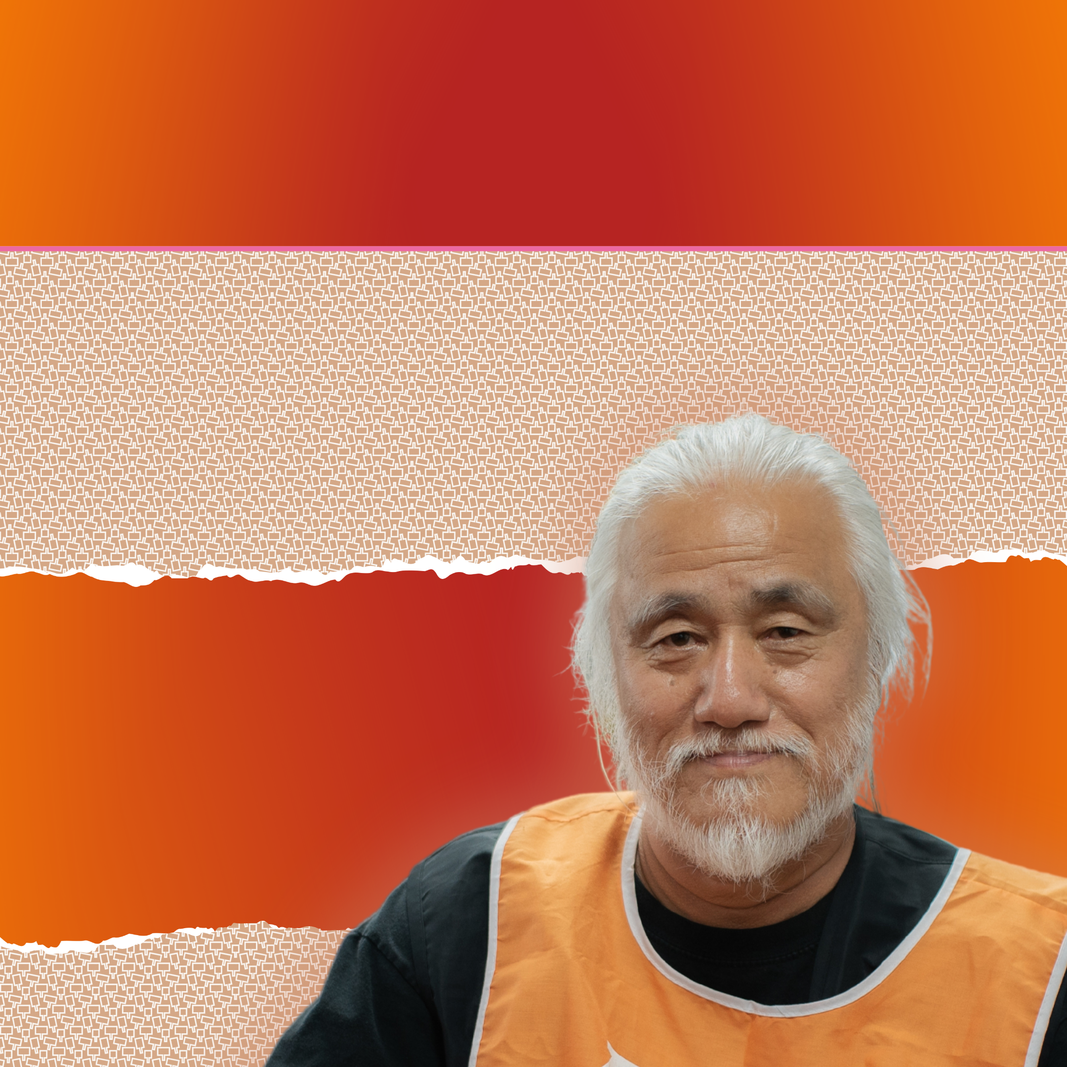 Kyung Seok Park sitting against a red and orange background