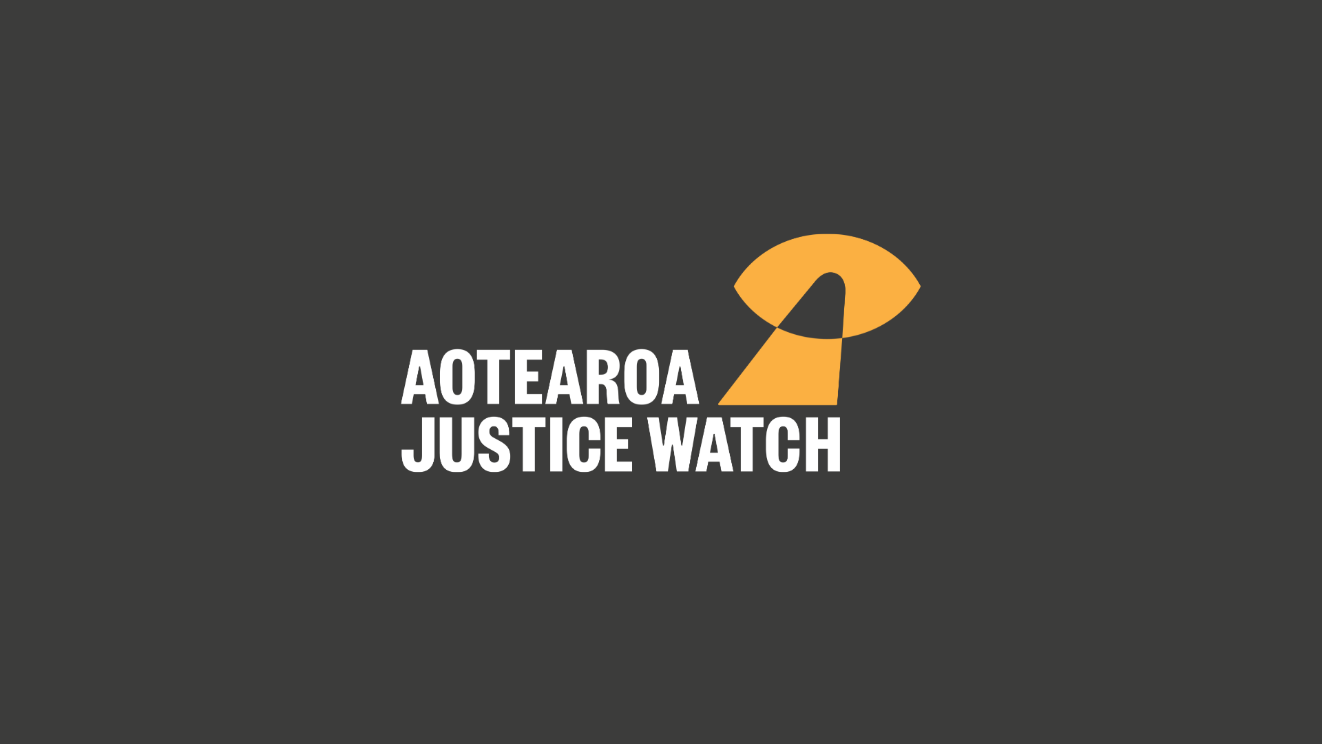 Aotearoa Justice Watch logo in white and orange on a grey background