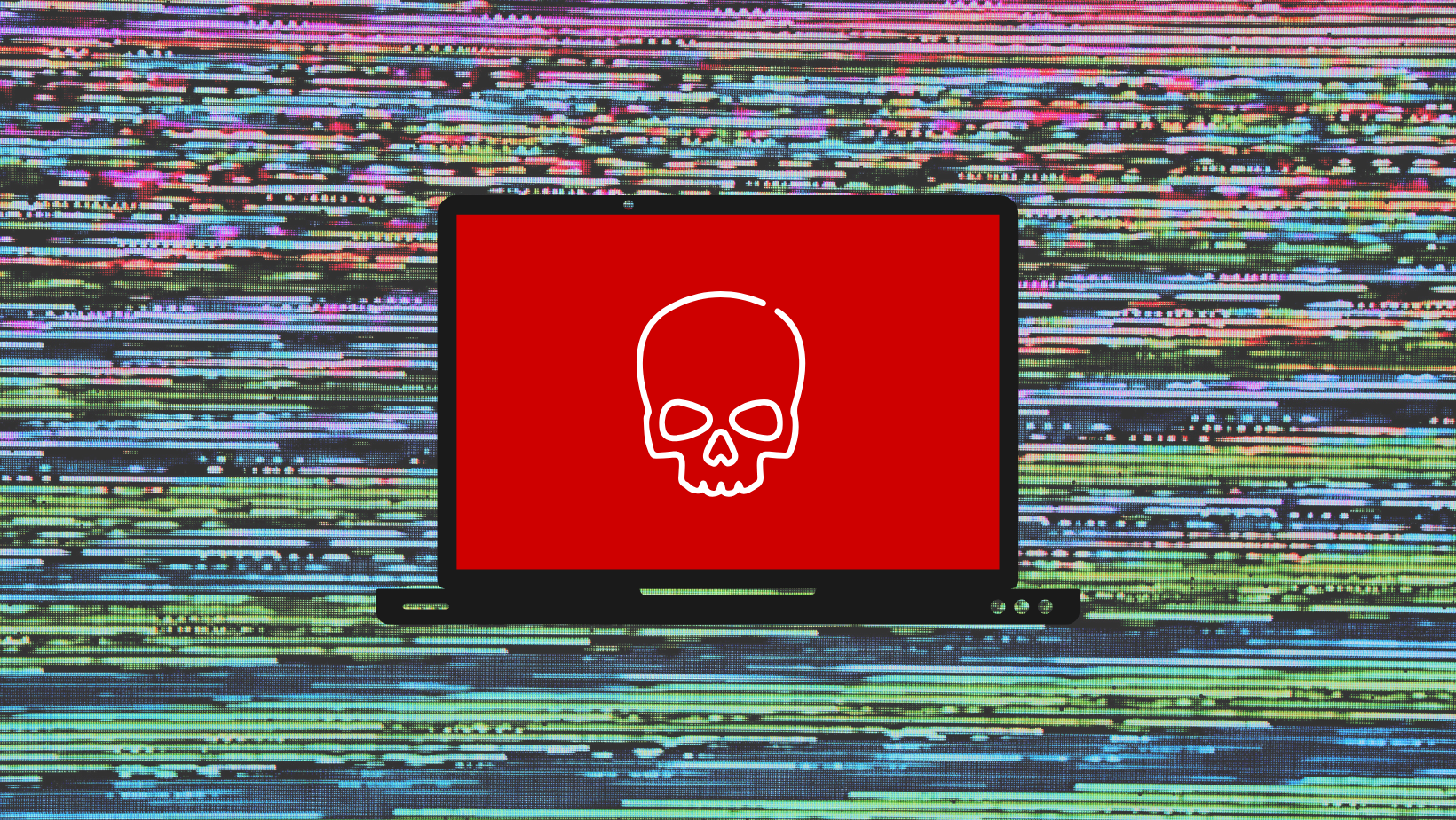 A laptop with a white outline of a skull on a red backdrop with visual TV static behind. 