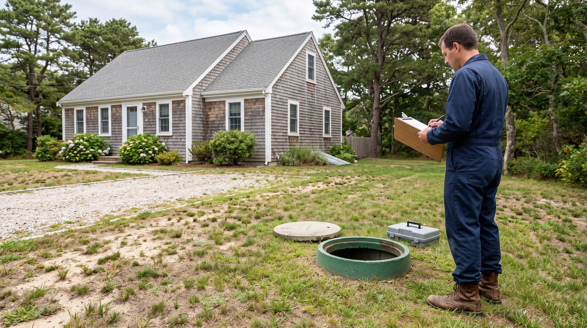 Illustration of a septic inspector recording observations beside an open access riser at a shingle-style home