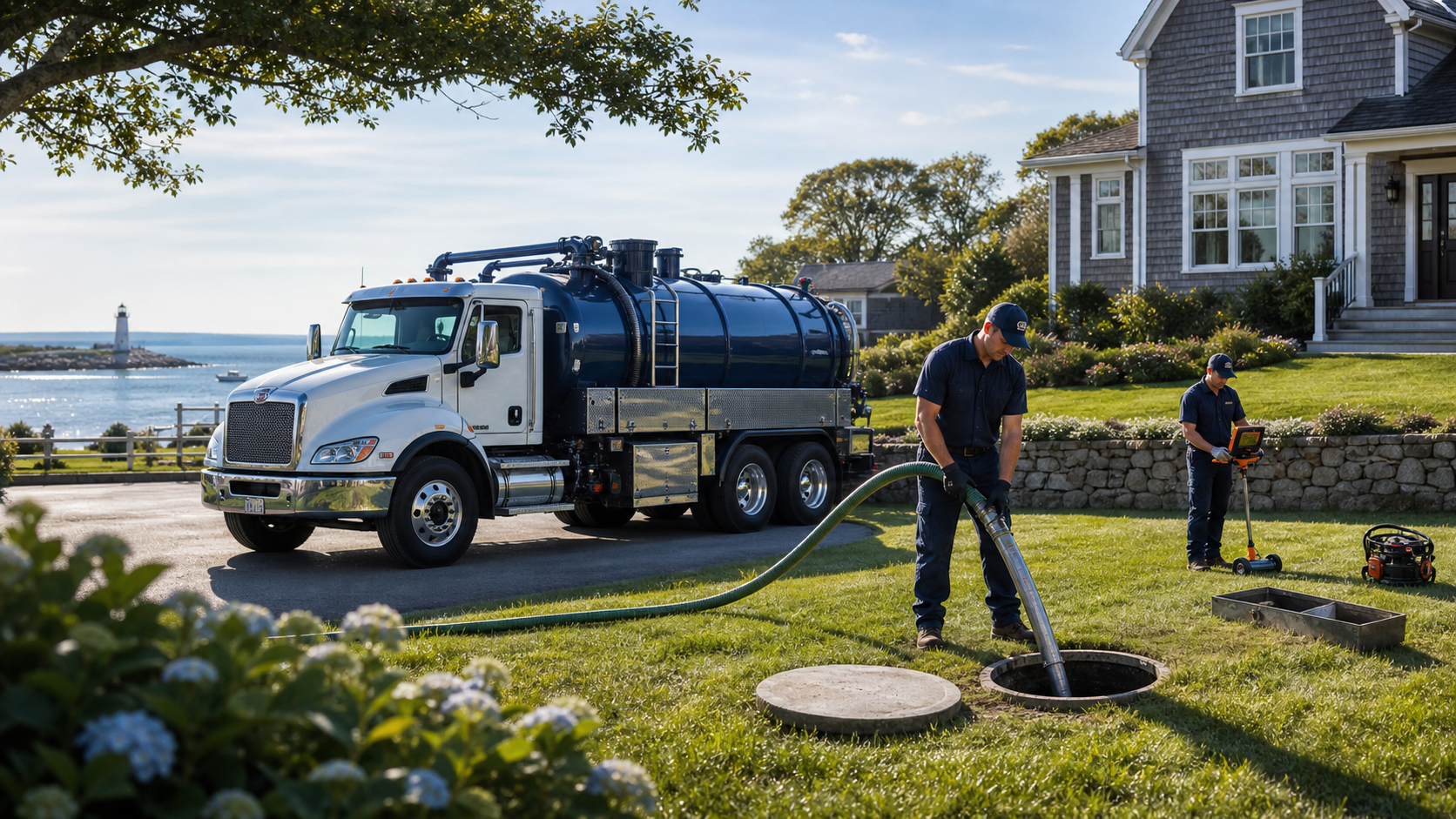 Septic Pumping and Drain Services in Plymouth, MA 1620 Sanitation vacuum truck pumping a residential septic tank while a crew member checks the system in the yard