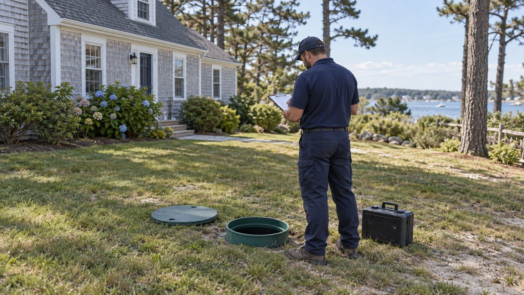 Title 5 Septic Inspection Service | 1620 Sanitation Inspector recording observations beside an open septic access riser at a shingle-style home