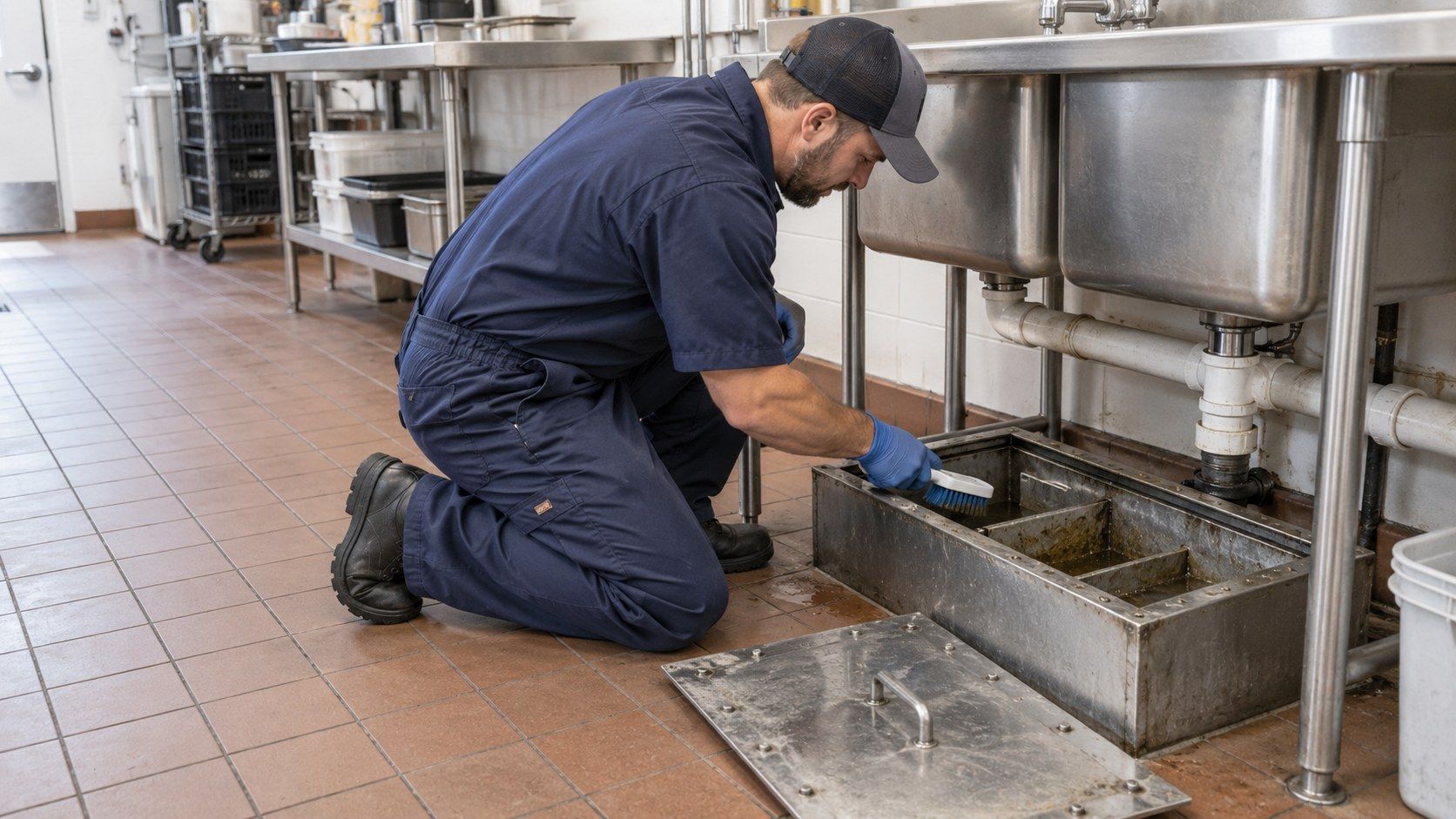 Worker brushing the inside of an accessible grease interceptor beneath a commercial kitchen sink