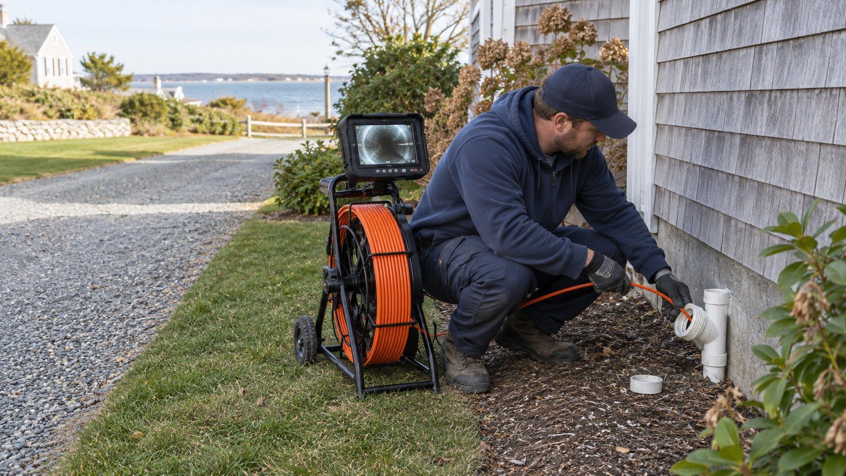 Technician feeding an inspection camera into a sewer cleanout beside a shingle-sided house