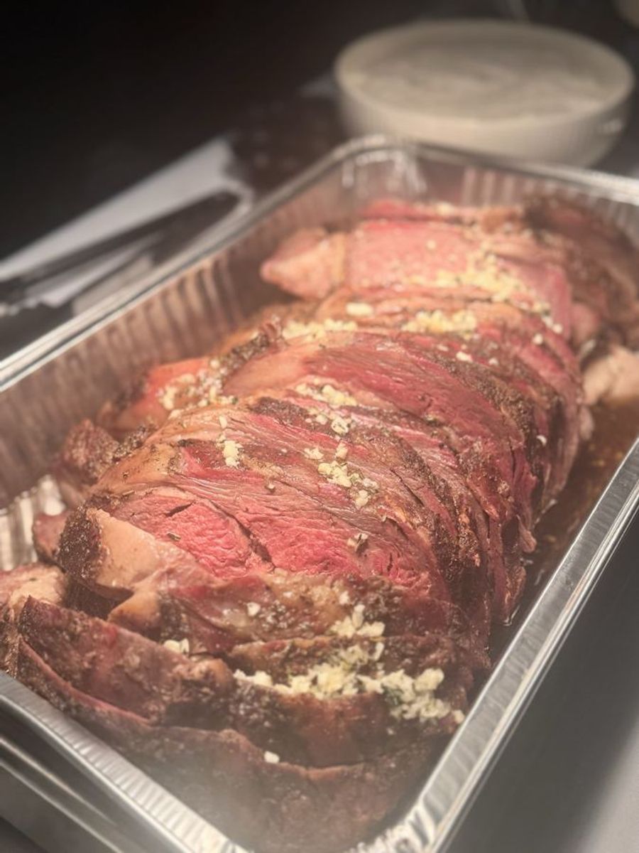 Prime rib tray ready for the buffet