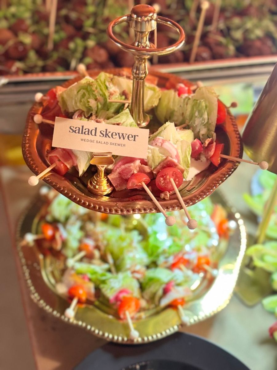 Wedge salad skewers on a copper tiered stand