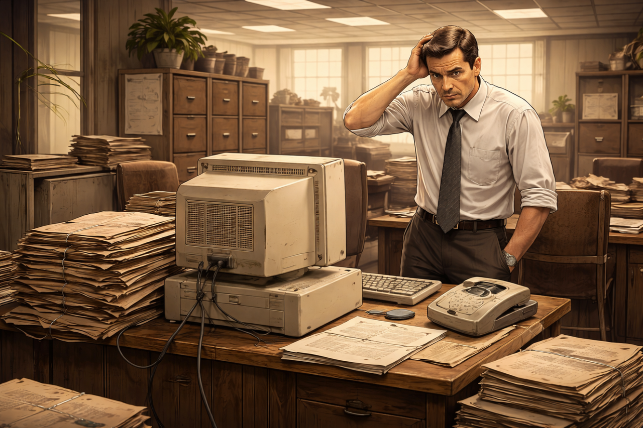 An illustration of a man in a white dress shirt and tie standing at a cluttered wooden desk, looking confused or frustrated while scratching his head. The desk is piled high with stacks of papers, an old beige CRT monitor, and a retro telephone, set in a vintage-style office filled with filing cabinets.