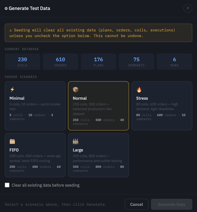 A dark-themed user interface for generating test data. The modal displays current database stats (230 coils, 610 orders) and offers five selectable scenarios. The "Normal" scenario is highlighted, showing a balanced dataset of 250 coils, 500 orders, and 40 remnants. A warning at the top notes that seeding will clear existing data unless specified otherwise.
