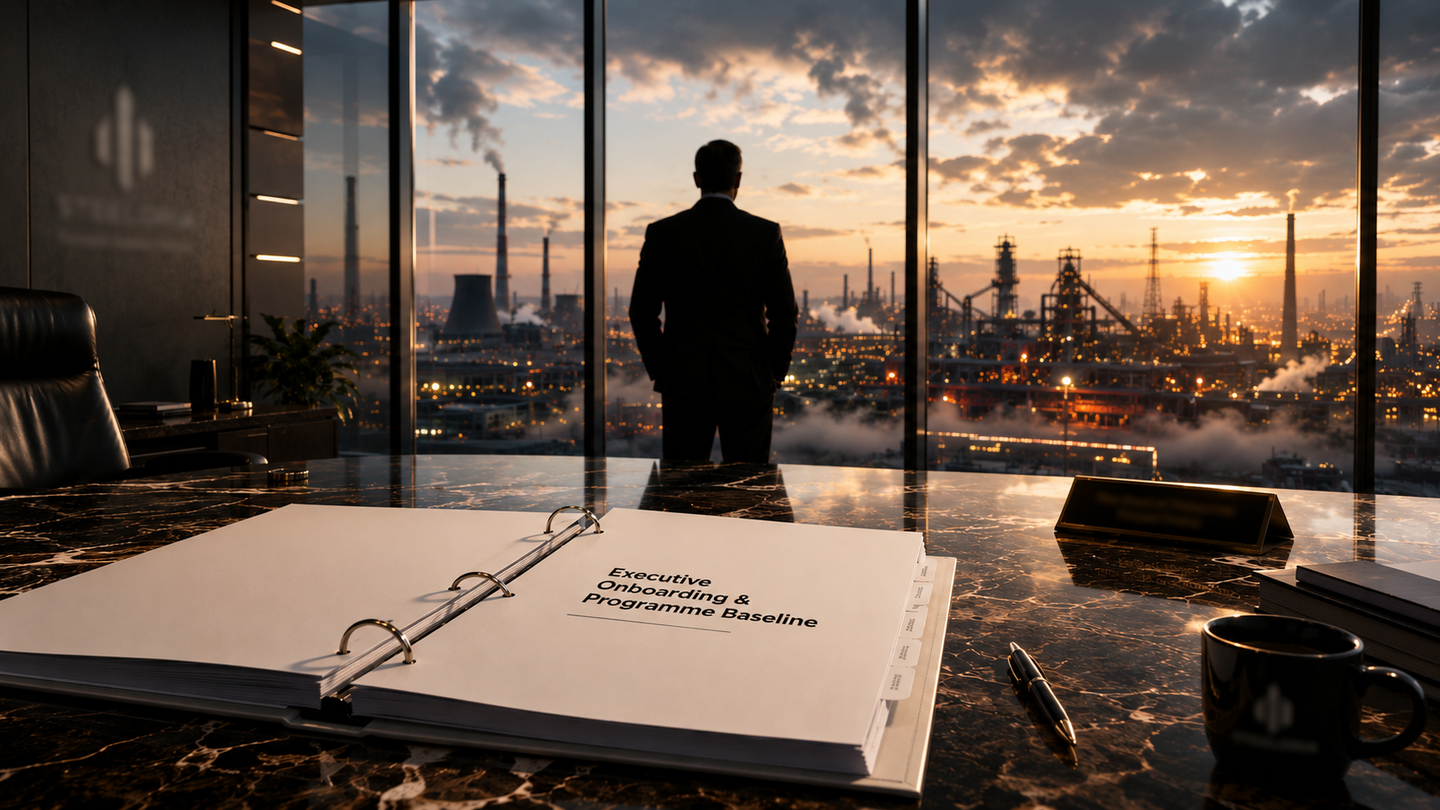 Corporate office with industrial skyline at sunset
