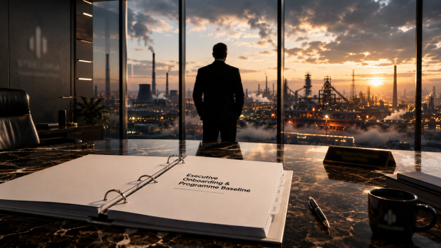 Corporate office with industrial skyline at sunset