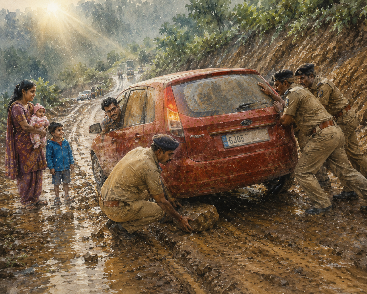 Rescue in the muddy hillside road