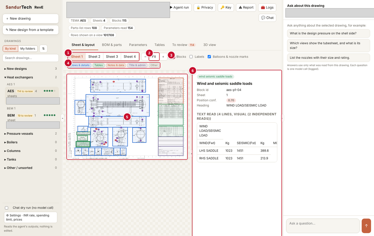 Inside RevE. Click any block to see what was read, how confident the system is, and that it was read twice, independently.