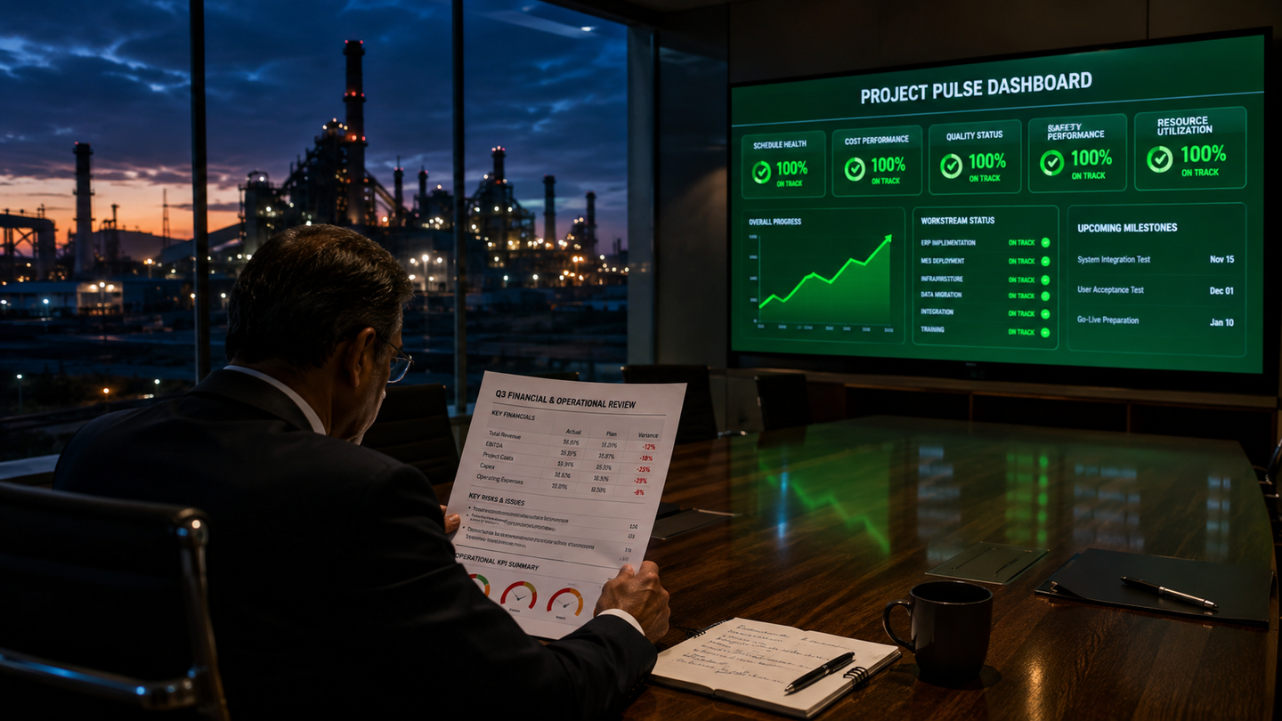 Corporate briefing with industrial skyline