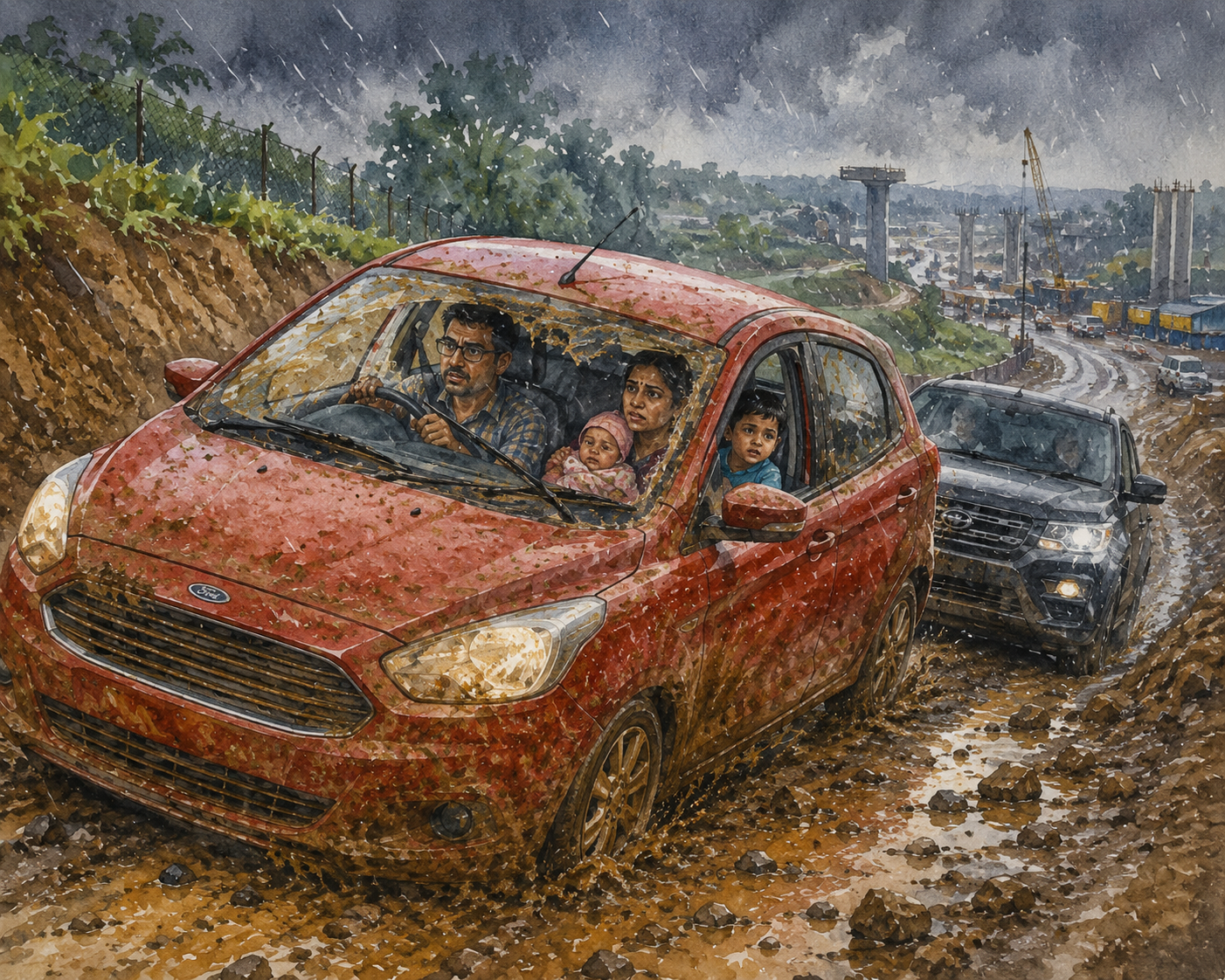 Muddy Road Struggle on a Rainy Day