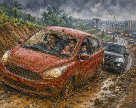 Muddy Road Struggle on a Rainy Day