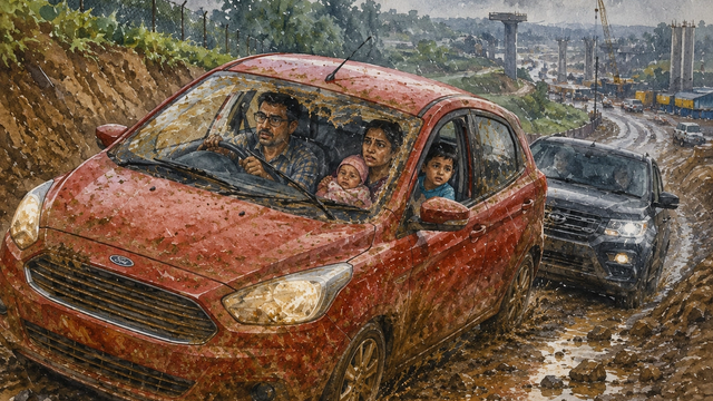 Muddy Road Struggle on a Rainy Day