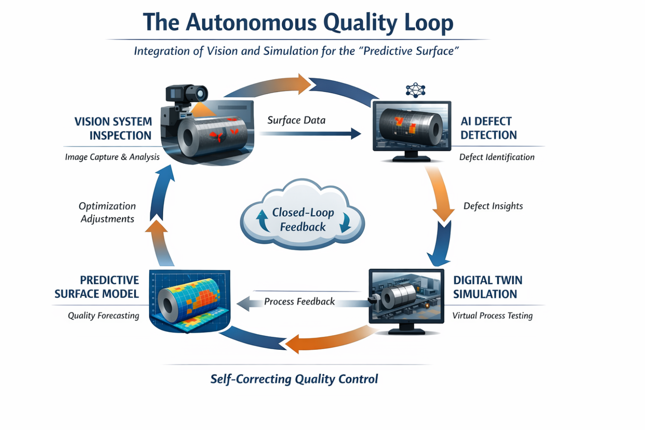 Structural layout of The Autonomous Quality Loop for heavy industry applications. The system closes the control loop by feeding edge telemetry from vision system inspection arrays into deep-learning AI defect detection pipelines. These real-time insights update a digital twin simulation for virtual process testing, generating physics-informed metadata for a predictive surface model that automates dynamic process adjustments.