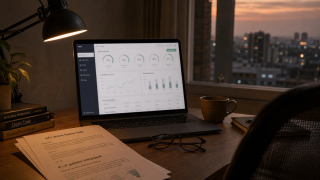 Moody workspace with city view