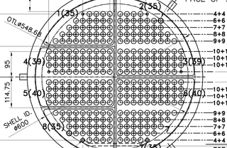 The tubesheet view the layout is read from, with its outer tube limit, pass numbers and hole counts per row.