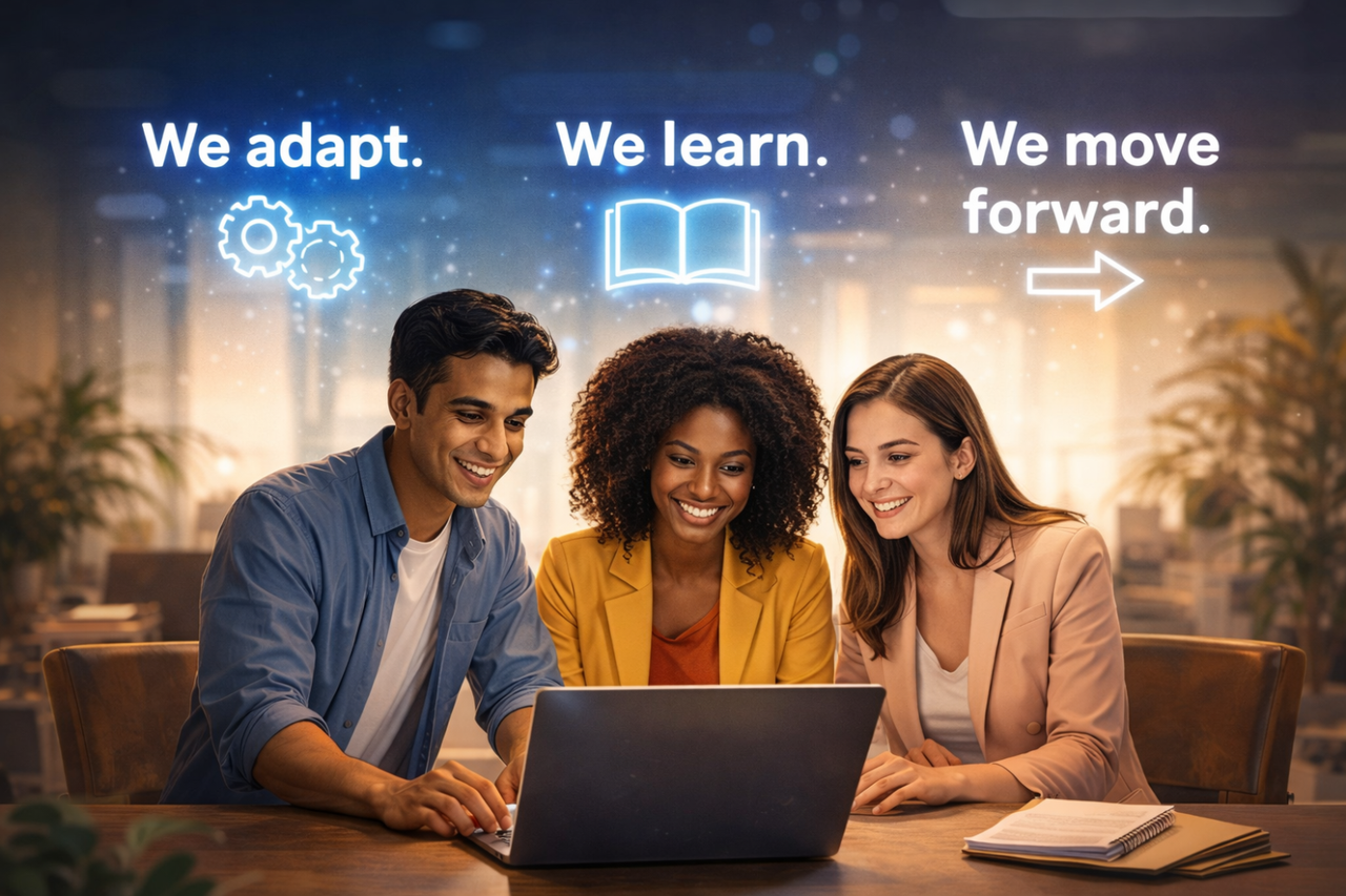 A group of three smiling young professionals—two women and one man—gathering around a laptop in a modern, brightly lit office. Floating above them are glowing blue and white icons representing a gear, a book, and an arrow, accompanied by the text: "We adapt. We learn. We move forward." The atmosphere is positive, collaborative, and forward-thinking.