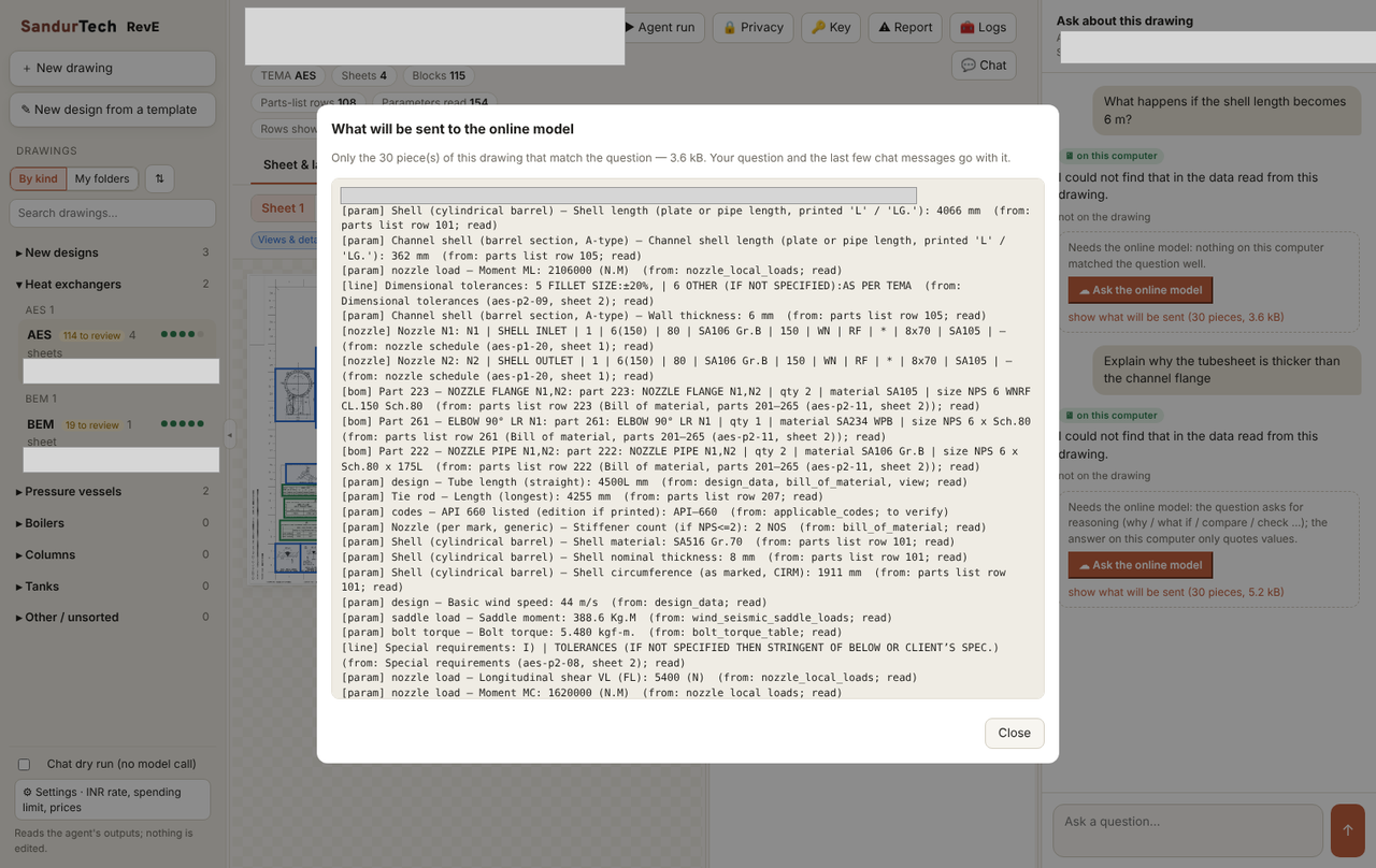 Lookups are answered on this computer. For reasoning questions, the user sees exactly what would be sent (here 30 pieces, 3.6 kB) before anything leaves the laptop.
