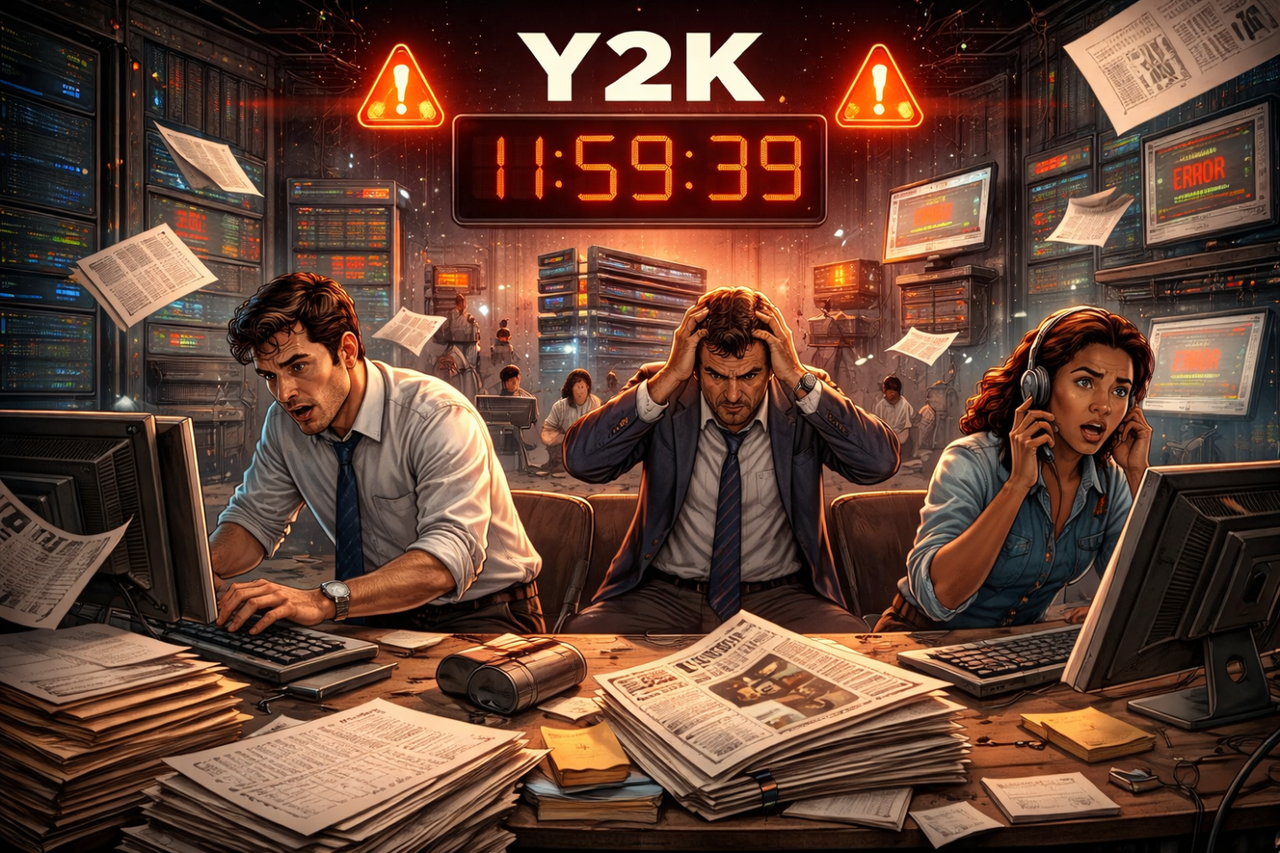 An intense illustration of three office workers in a panicked state inside a data center. Above them, a digital clock shows "11:59:39" under a glowing "Y2K" sign with warning symbols. Papers are flying through the air, computer monitors display red error messages, and the room is filled with glowing server racks, conveying a sense of impending technological crisis.
