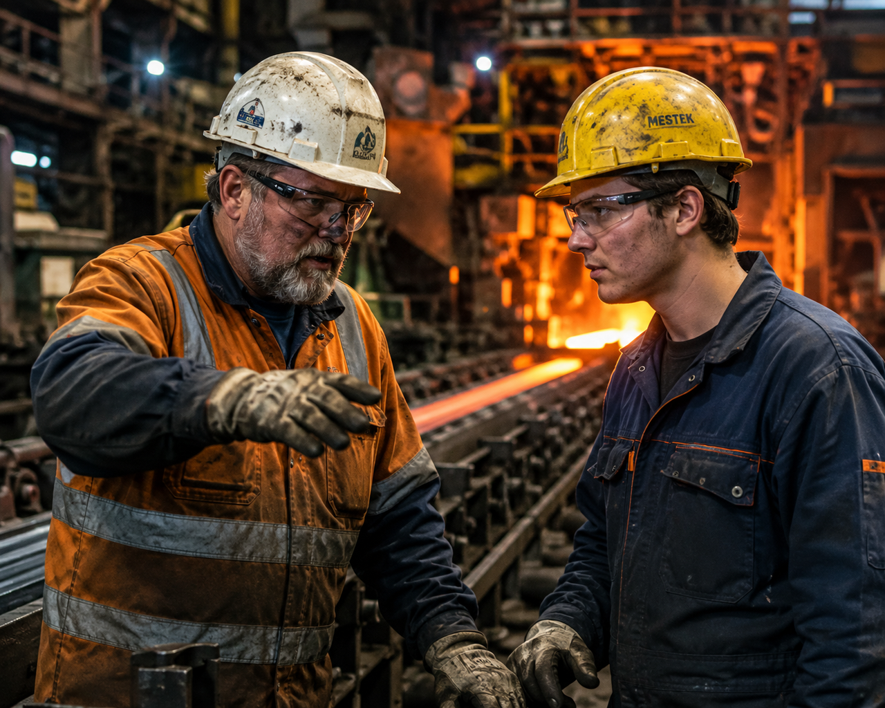 Steel factory workers in action