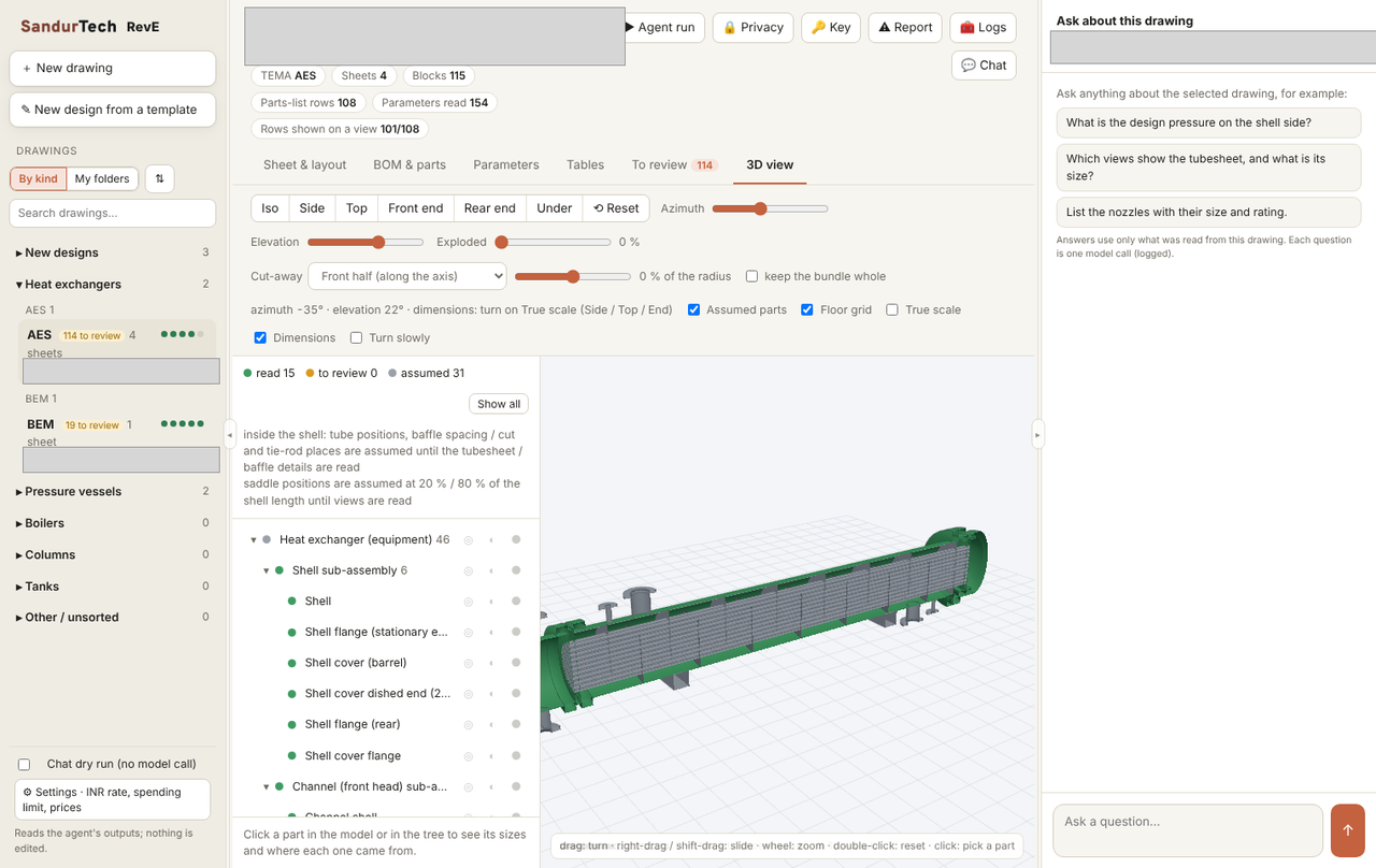 RevE builds a 3D model of the exchanger from what it read. Green parts were read from the drawing; grey ones are assumed until a view confirms them.