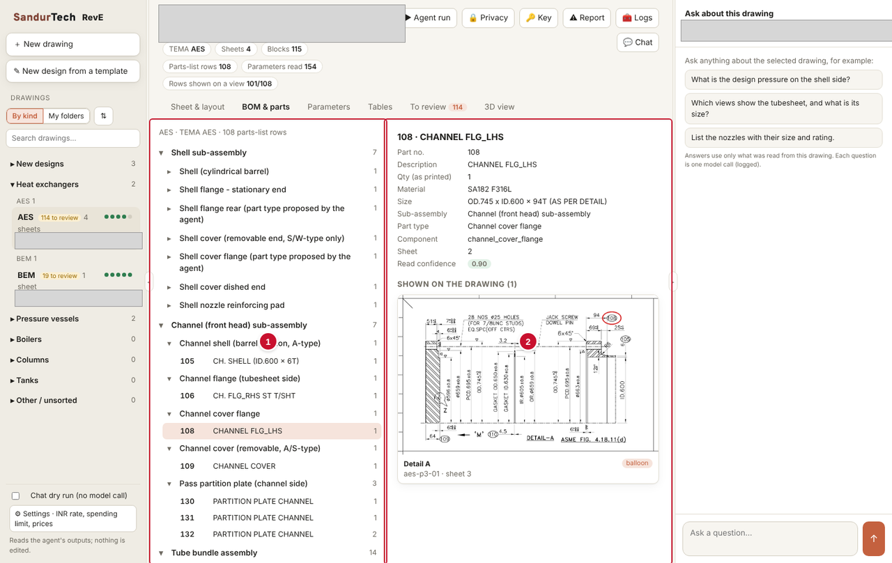 Click a parts-list row and RevE shows exactly where that part appears on the drawing, with the balloon circled.