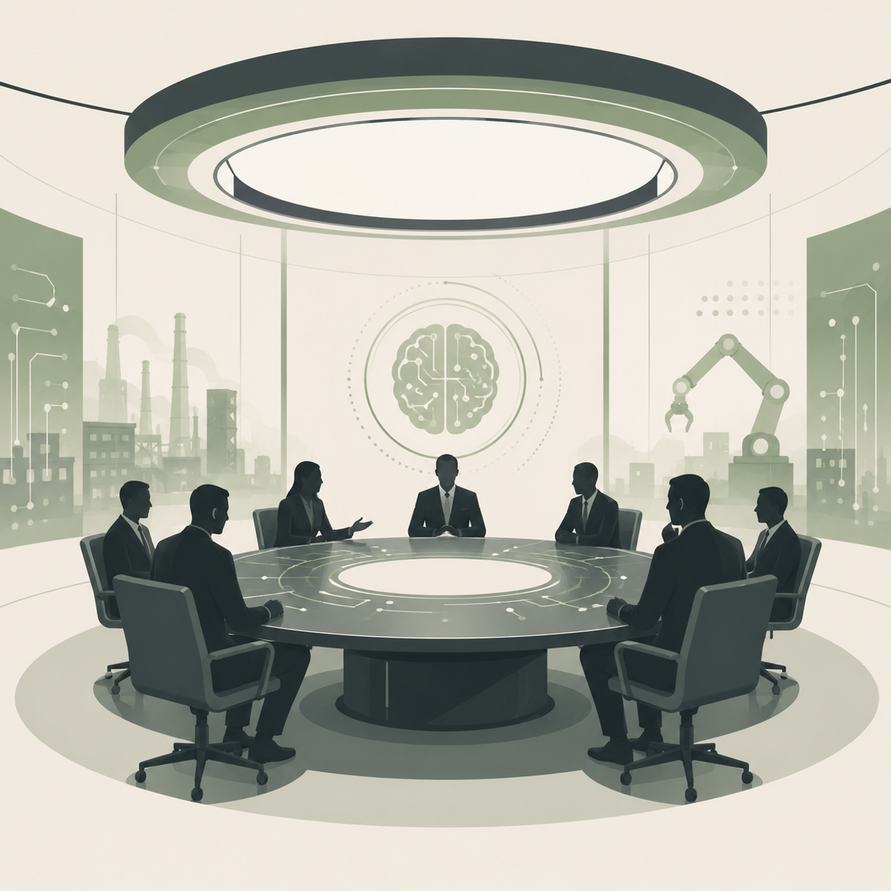Futuristic corporate strategy meeting