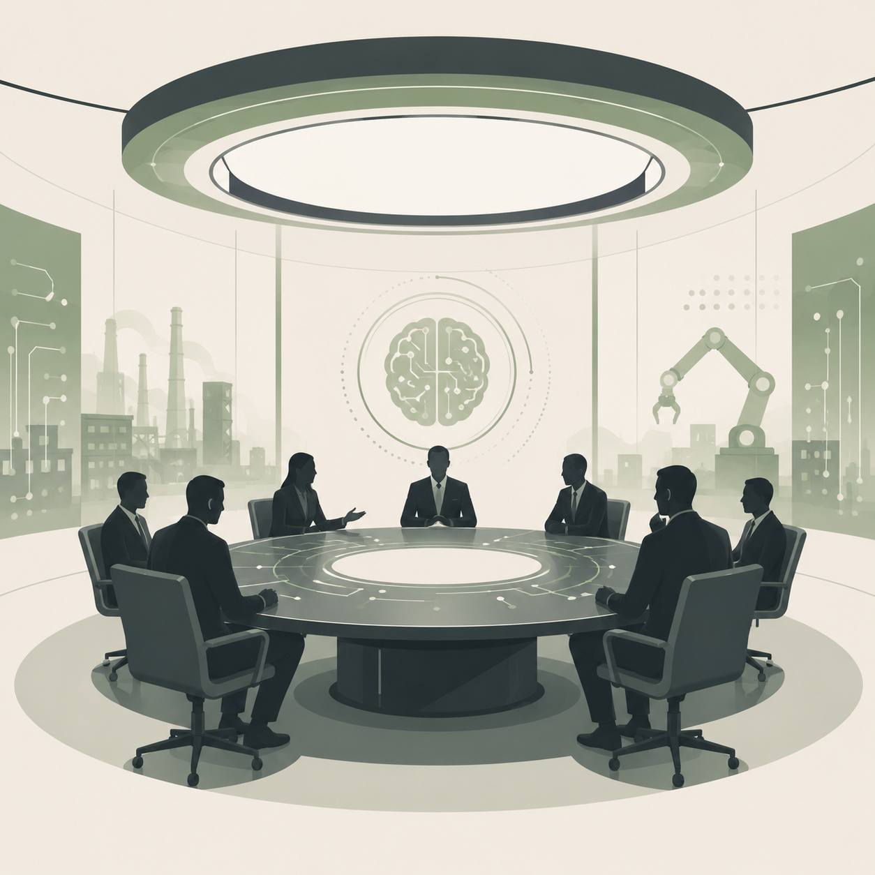 Futuristic corporate strategy meeting
