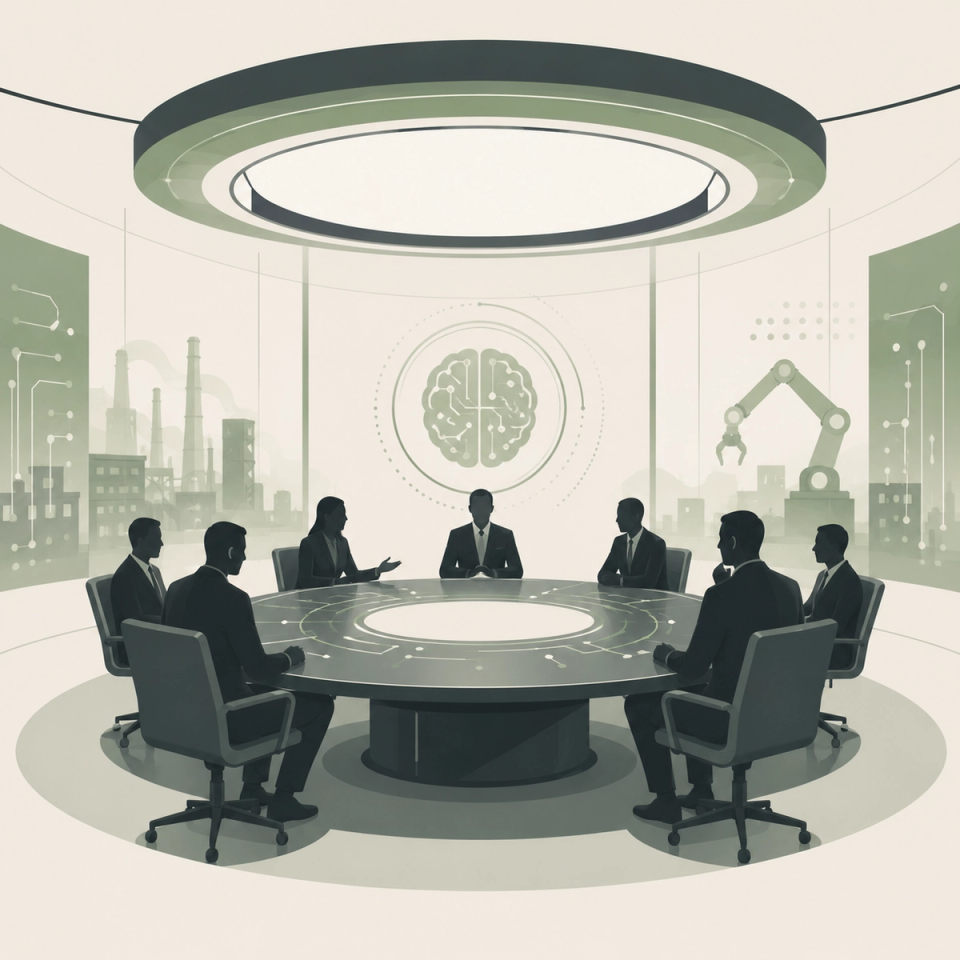 Futuristic corporate strategy meeting