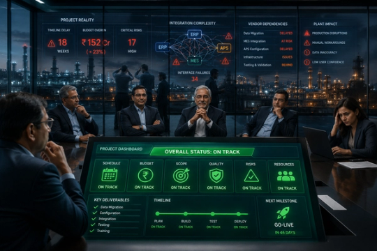 Corporate strategy meeting in high-tech control room