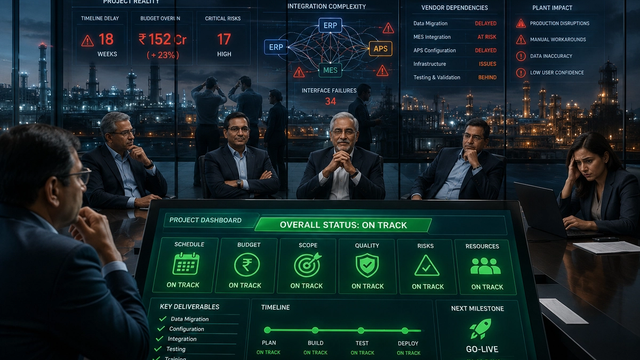 Corporate strategy meeting in high-tech control room