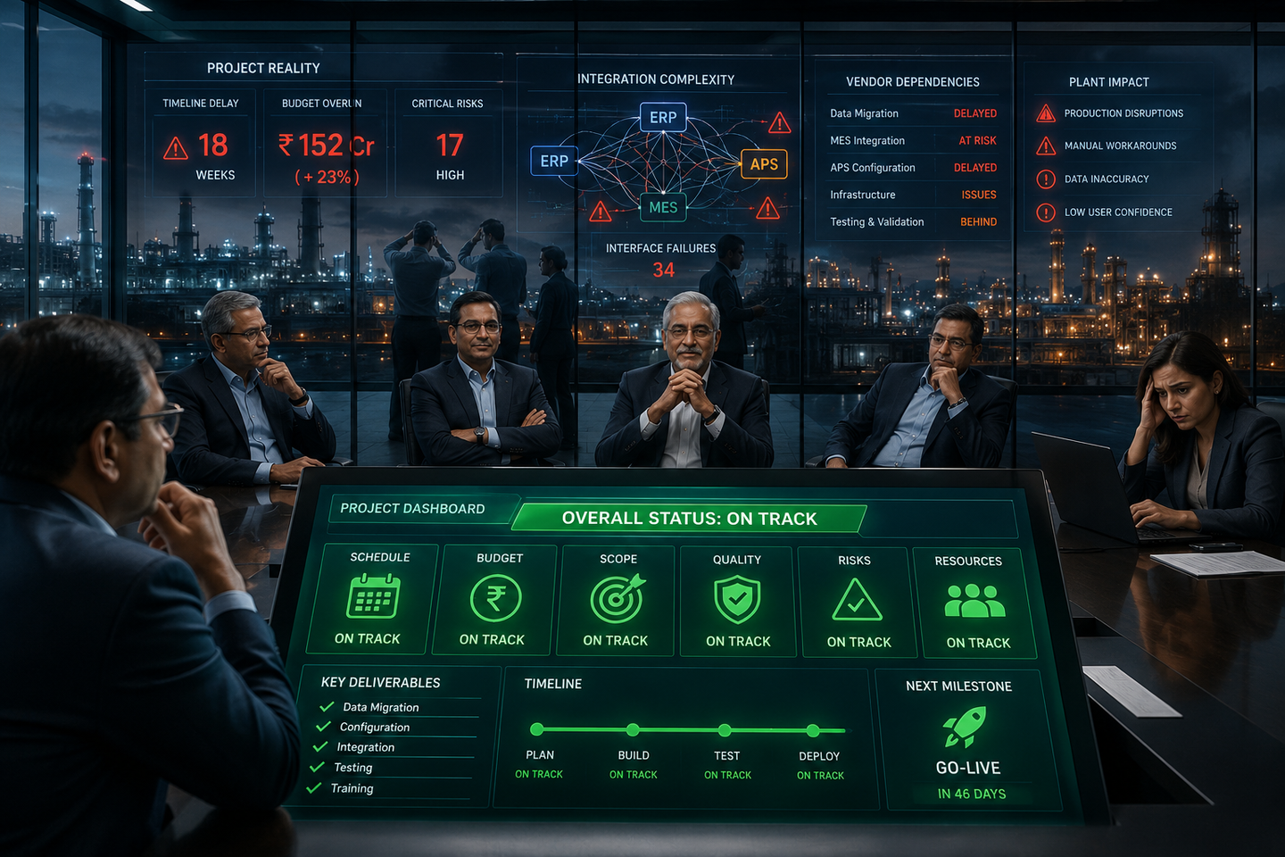 Corporate strategy meeting in high-tech control room
