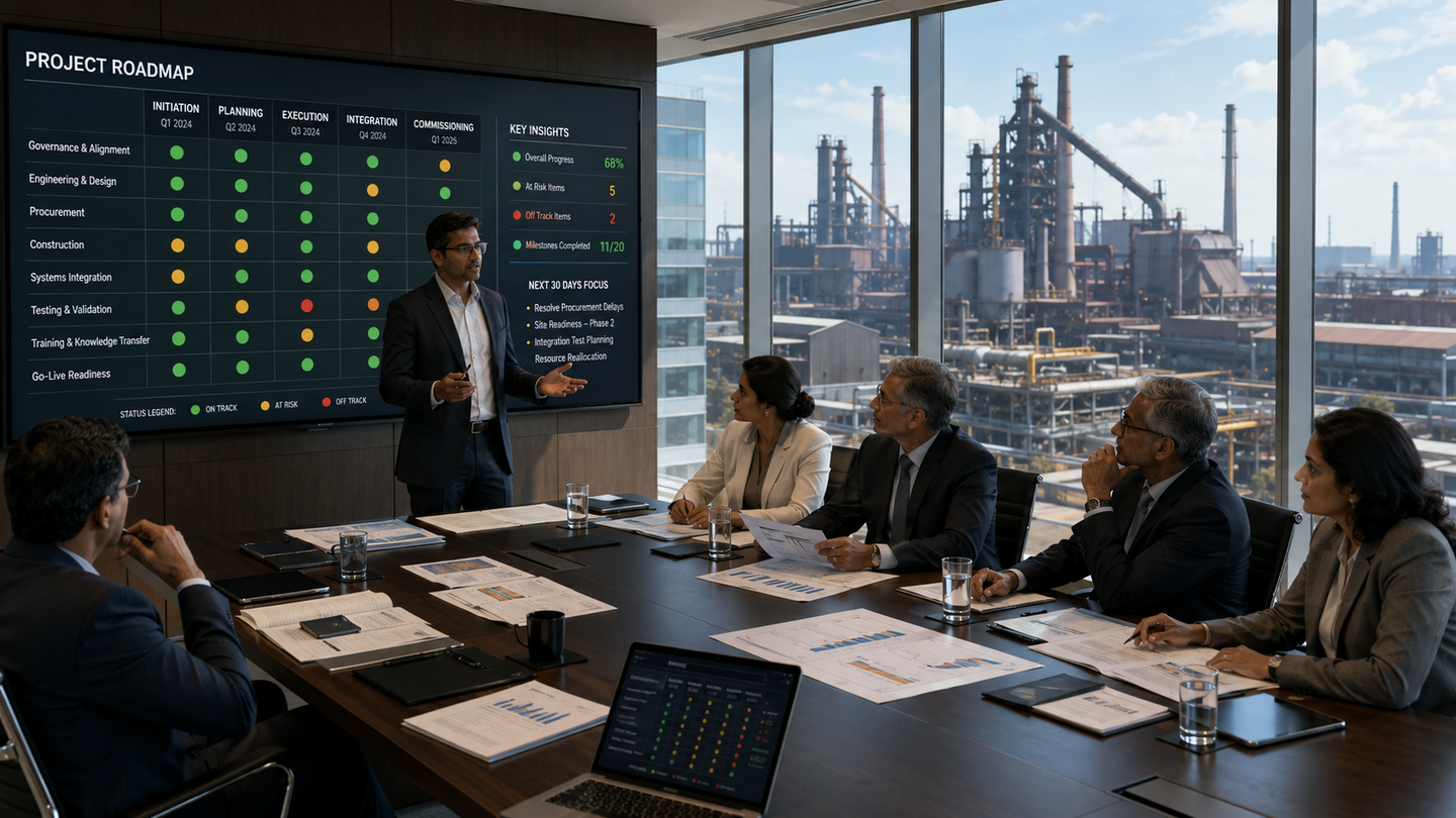 Corporate boardroom with industrial backdrop