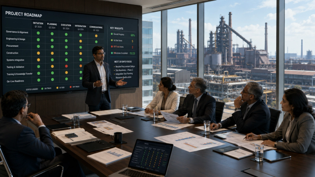 Corporate boardroom with industrial backdrop