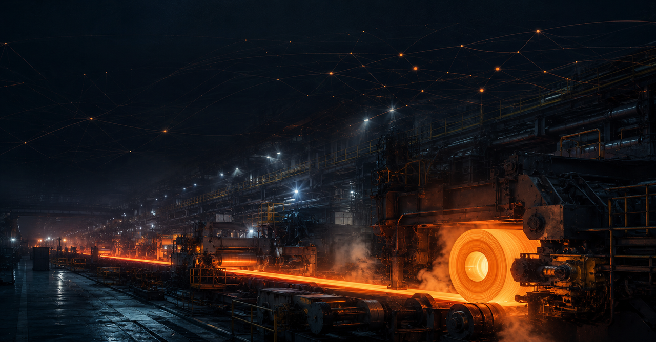 Industrial steel mill at night
