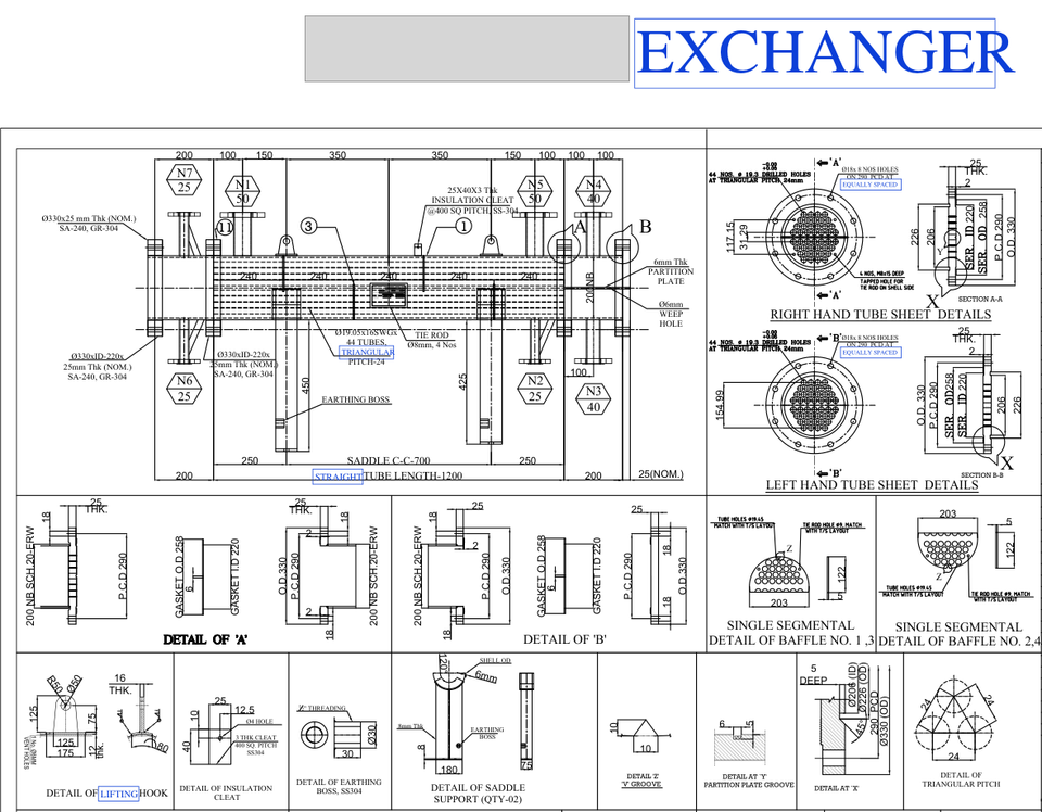 The corrected copy of a real drawing, with every accepted correction marked in blue: EXCHANGER, TRIANGULAR, STRAIGHT, EQUALLY SPACED, LIFTING and more. The original file is never changed. The equipment code is hidden.