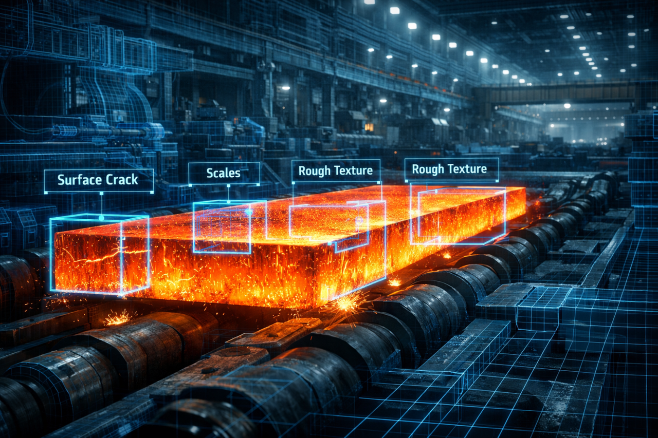 Integration of edge-based computer vision models for real-time surface defect detection on hot rolling steel slabs. The neural network overlays a digital twin grid onto raw sensor inputs, automatically performing spatial segmentation to identify anomalies like surface cracks, oxidized scales, and anomalies in rough texture. This system passes instant metadata to automated downstream sorting switches.