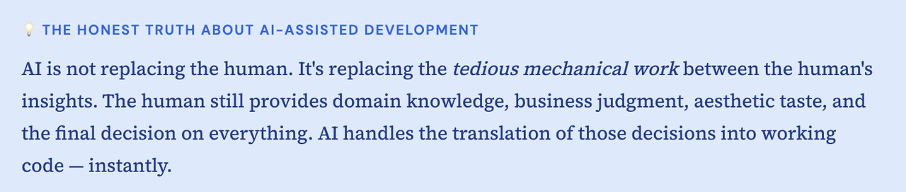 A text graphic explaining that AI-assisted development replaces "tedious mechanical work" while humans continue to provide essential domain knowledge, judgment, and final decisions.