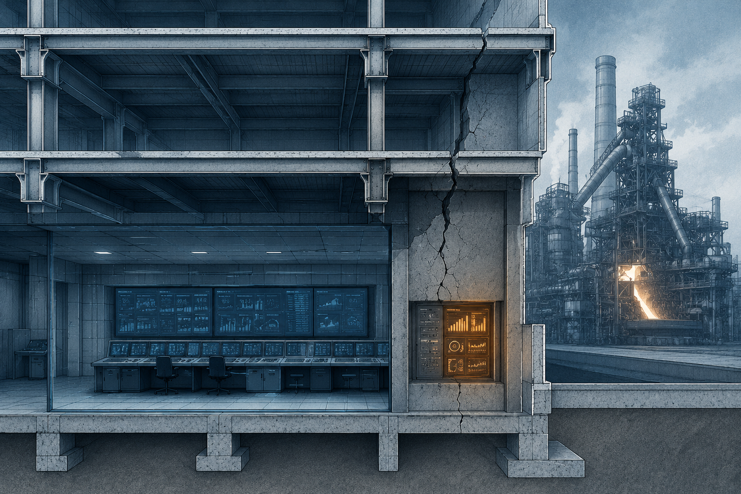 Industrial control room and plant cutaway