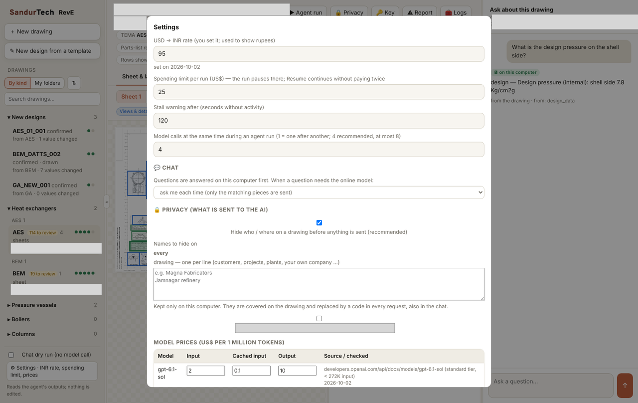 Settings. A spending limit per run (the run pauses there, and resuming never pays twice), how many calls run at once, the rupee rate, and model prices with their source and date.